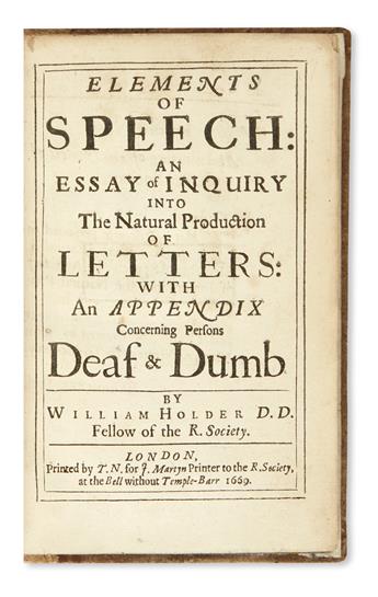 HOLDER, WILLIAM. Elements of Speech.  1669